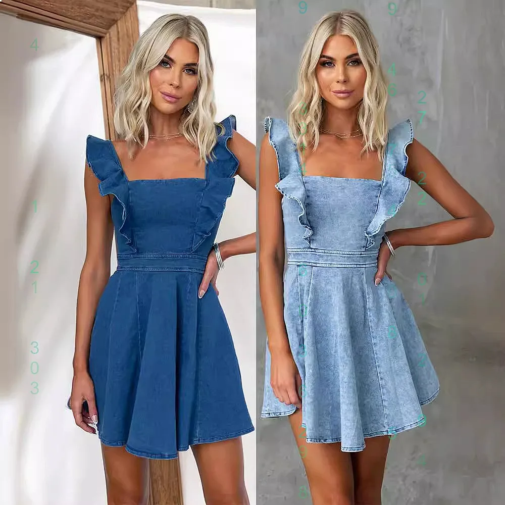 Women's Summer Fashion Denim Dress with Flutter Sleeves Backless Casual Dresses Spring Summer Jumpsuit Playsuit