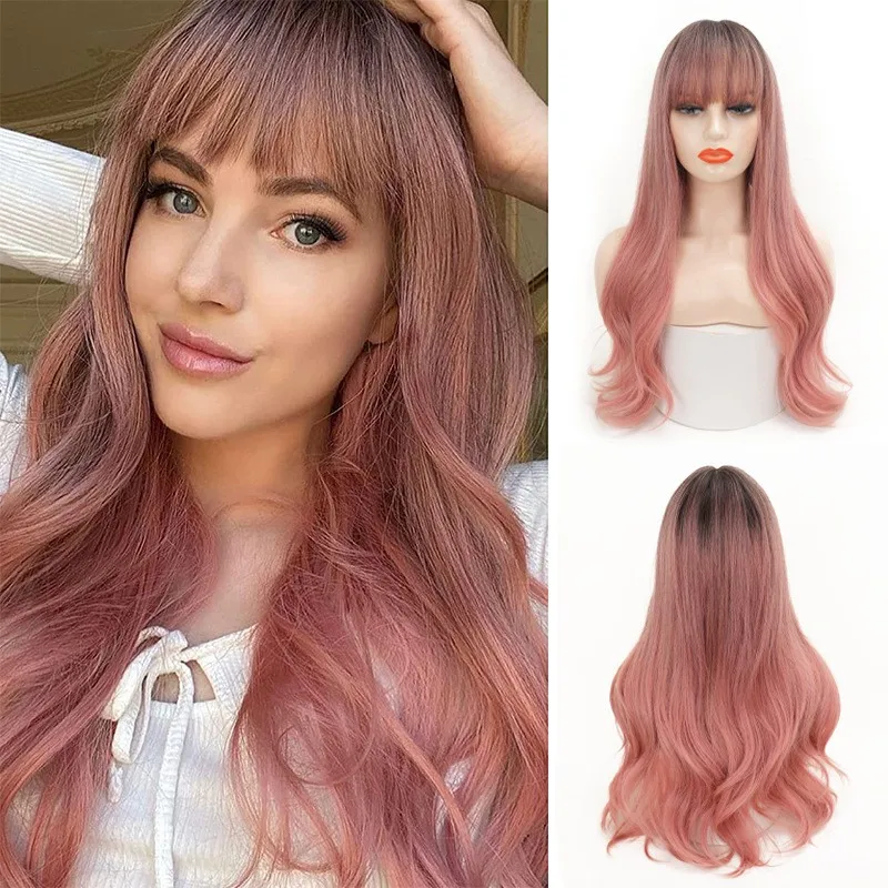 Pink Cosplay Wig Anime Cosplay Long Wavy Wigs Full Bangs Middle Part Hairpiece Lace Front Heat Resistant Fiber Synthetic Wig