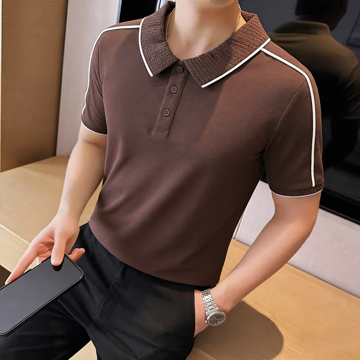 

Высококачественная мужская летняя футболка-поло с коротким рукавом, деловая, приталенная, дышащая, повседневная, мужская одежда