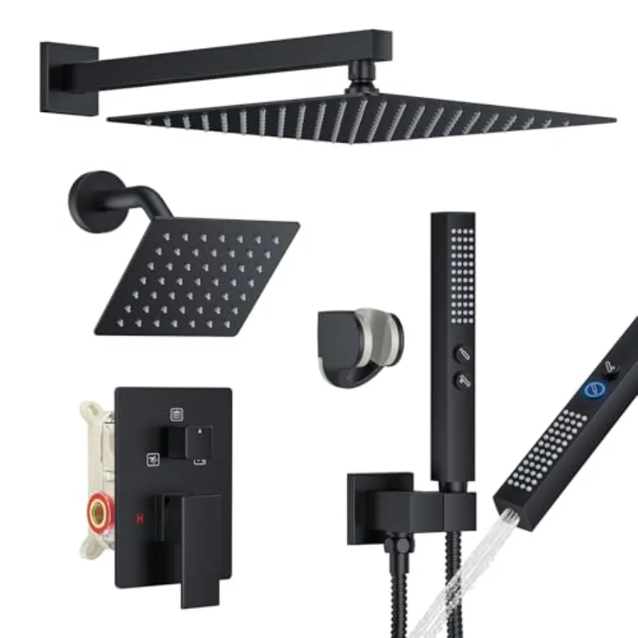 

Rain Shower System Matte Black Shower Faucet Set Dual Rainfall Shower Head Set with 2 in 1 Handheld Spray Wall Mounted Bathroom