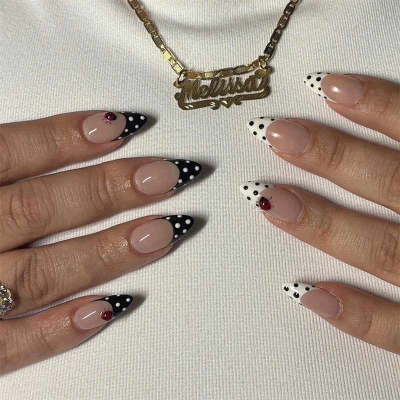 

24PCS Simple Black White French False Nails with Glue Polka Dots Insect Patterns Fashionable Fake Nails Wearable Almond Nail Tip