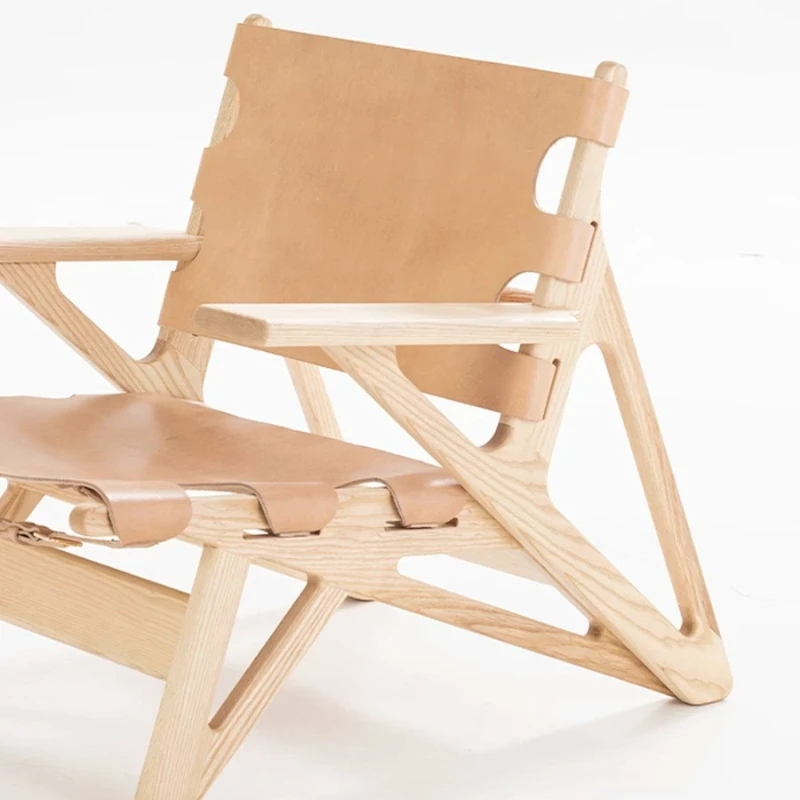 Lounge chair: cowhide vegetable-tanned leather, solid wood, Nordic vintage living room, study, wabi-sabi
