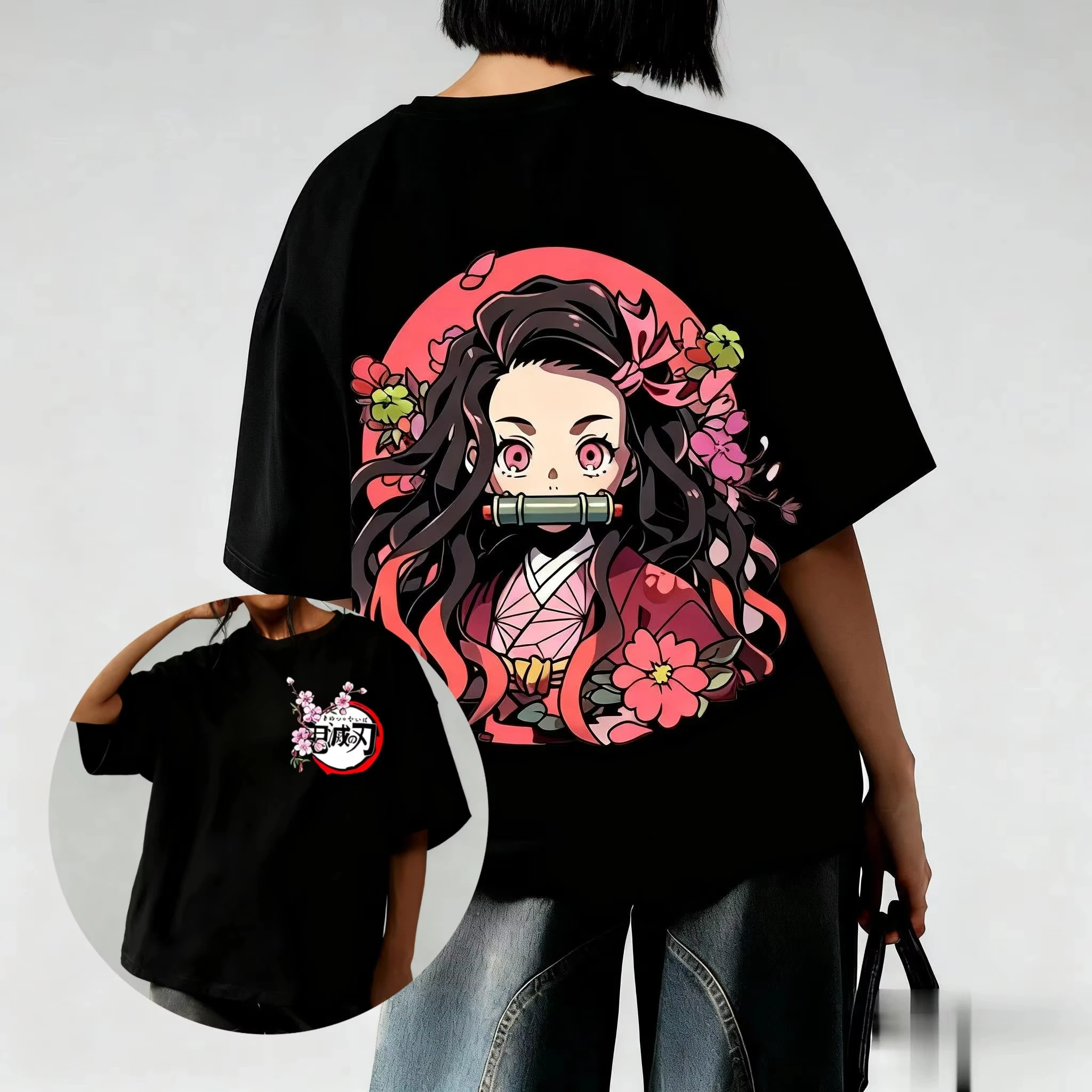 귀멸의 칼날 애니메이션 네즈코 프린트 티셔츠 2026 여성 여름 신상 하라주쿠 루즈핏 캐주얼 부모 자녀 반팔 상의