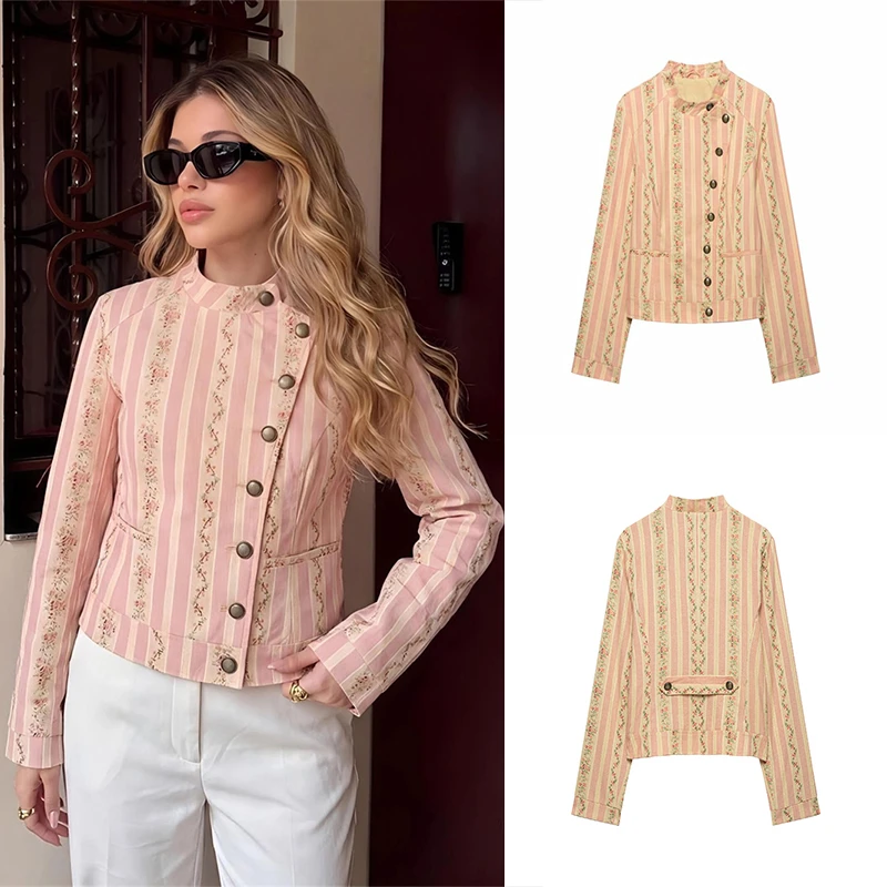 Guobioziy Women's Jacquard Stripe Floral Jacket 2026 Spring-Autumn Collection Multi-Color Button Design French Casual TrendStyle