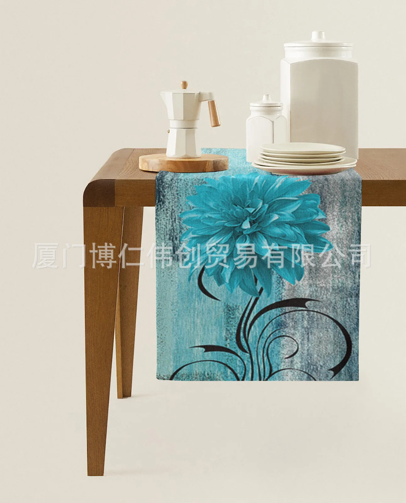 Plant Style Dahlia Oil Painting Blue Table Runner Party Tablecloth Anti-Stain Dining Tablecloth Wedding Decoration Tables Runner