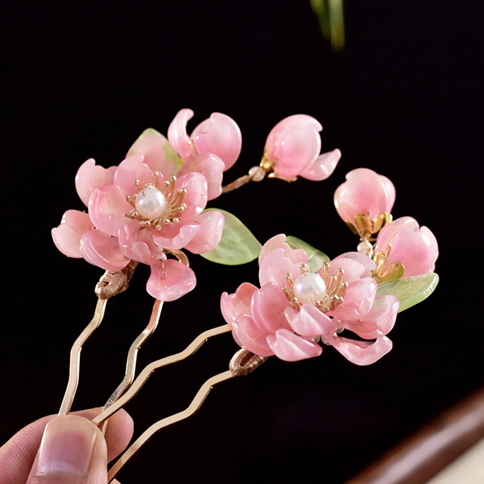 1개 복숭아꽃 머리핀 새로운 중국 스타일 핑크 꽃무늬 헤어 클립 진주 크리스탈 합금 머리 장식 한복 코스프레용