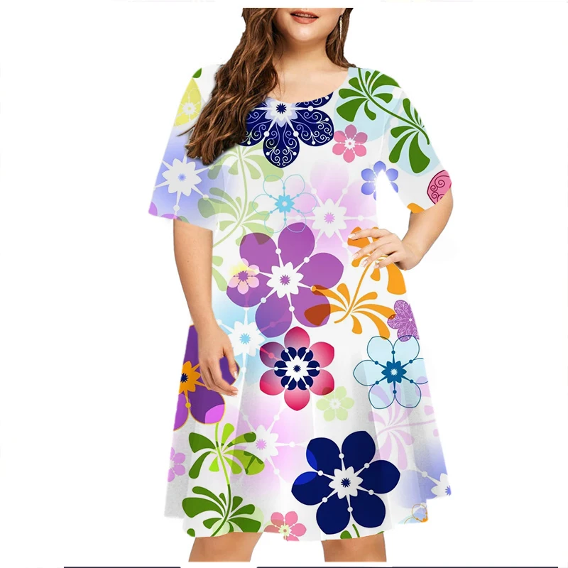 5XL 6XL Plus Size Women Dresses Summer Floral Print Dress Fashion Flower Power Hippie Short Sleeve Loose Dress Sundress Vestidos