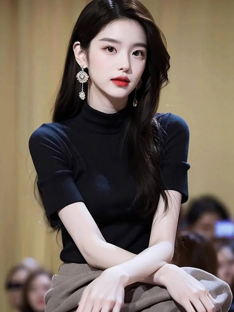 

Slim Fit ort Sve Ice Silk Thin Knitted Top Casual Commute Sle Bla Simple Design Base Layer irt for Women