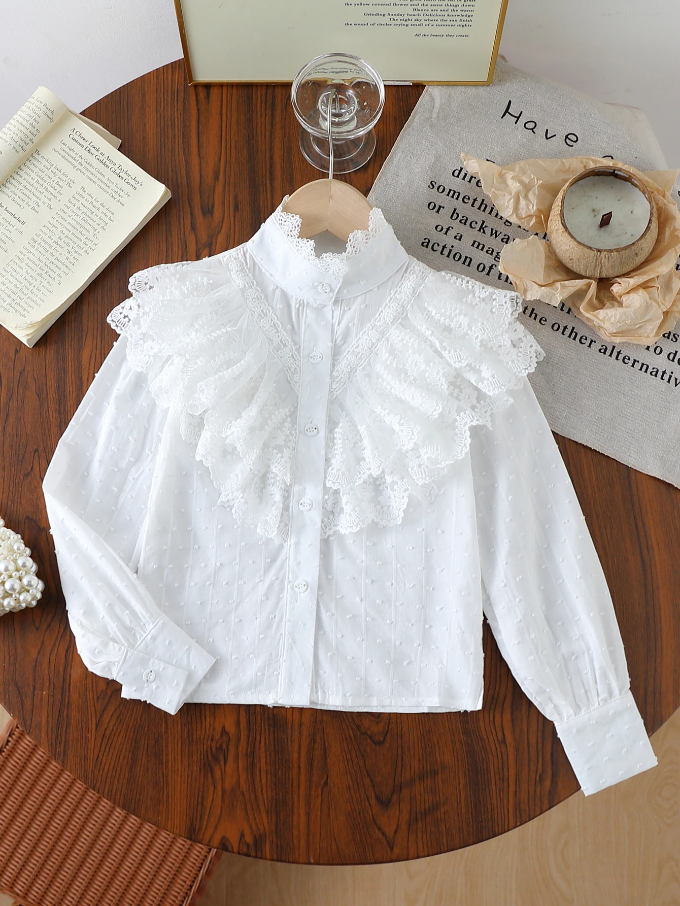 Girls' Spring and Autumn Shirt with Exquisite Double-Layer Lace Trim, Small Stand Collar, Long Sleeves, Korean Style Preppy Clothing for Little Girls