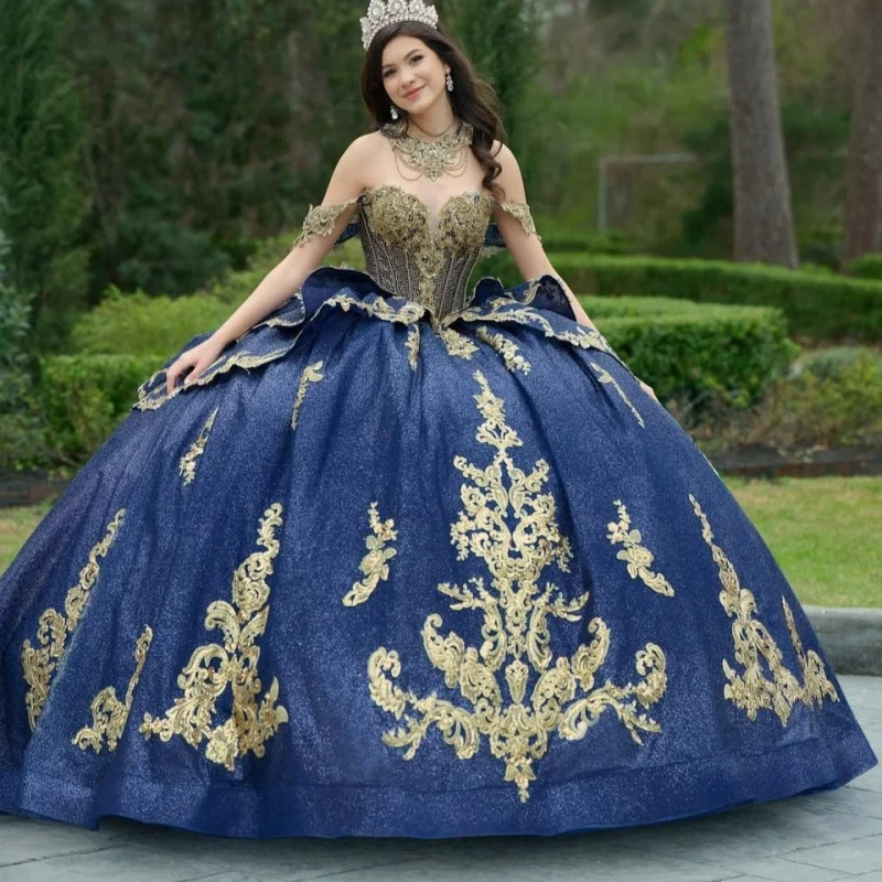 

Shiny dark blue Quinceanera Dress Lace layering off-shoulder flower glitter decal Bow vestidos de 15 Quinceanera ﻿Customized