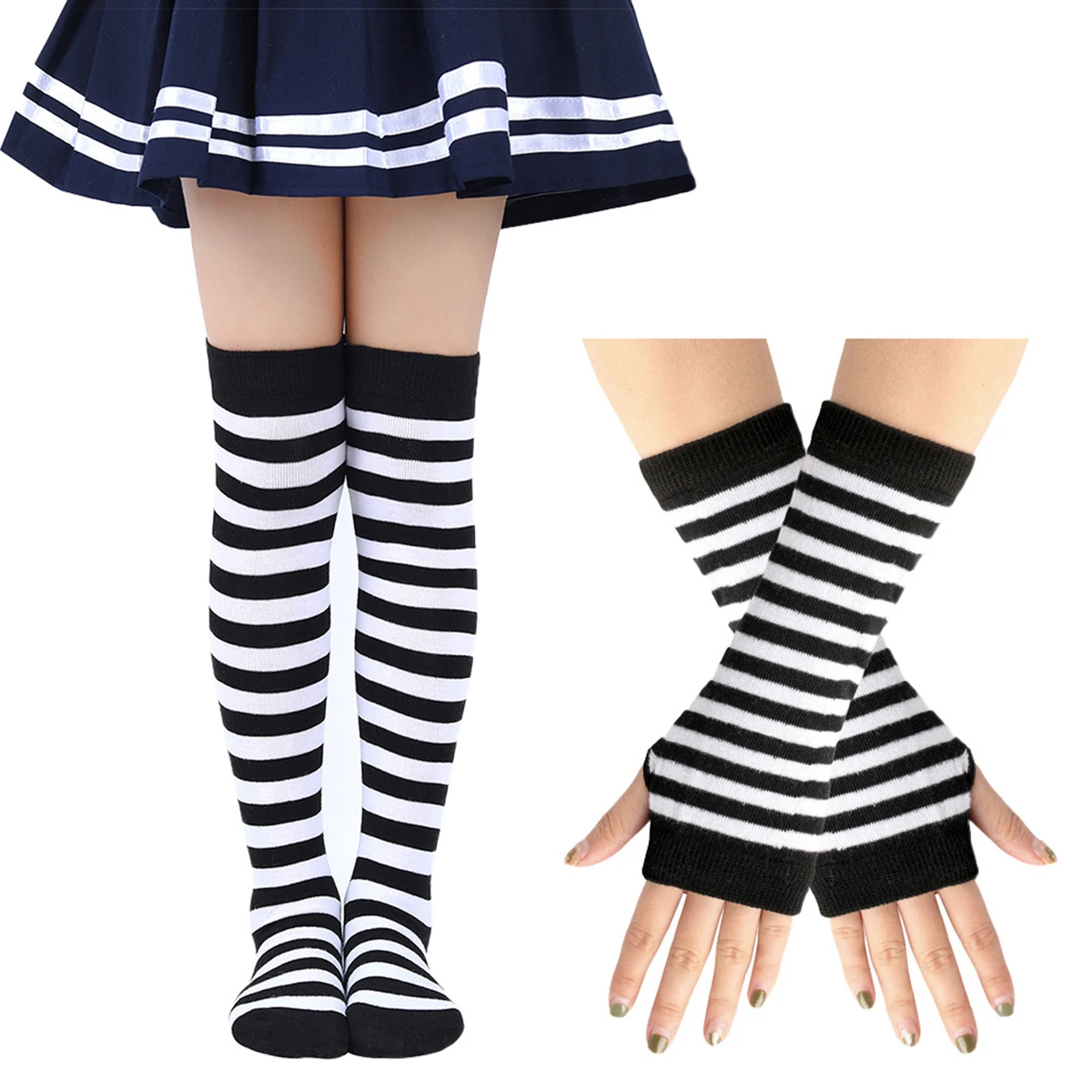 Chaussettes hautes rayées pour enfants, chaussettes au-dessus du genou, bonneterie pour filles, chauffe-bras, ensemble de gants sans doigts, chaussettes d'école pour enfants