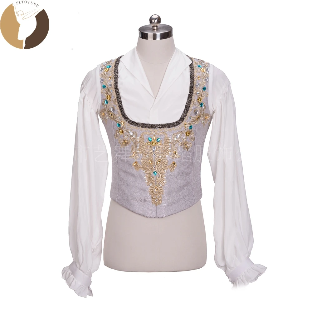 

FLTOTURE High Quality Classical Ballet Nutcracker Man Top Tunic Swan Lake Stage Wear Custom Made Silver Male Shirt 013