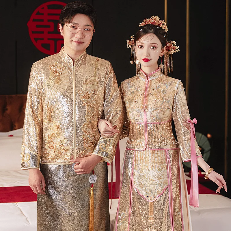 

Chinese Traditional Bride Champagne Wedding Dress Ancient Sparkly Exquisite Sequins Costume Toast Clothing Top Tang Suit