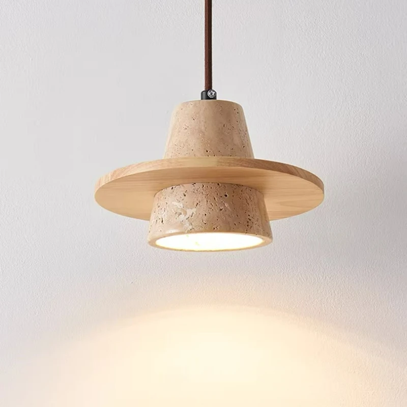 Natural Wood LED Pendant Lights Living Room Kitchen Coffee Home Decor Wabi Sabi Yellow Cave Stone Hanging Lamp Luminaire