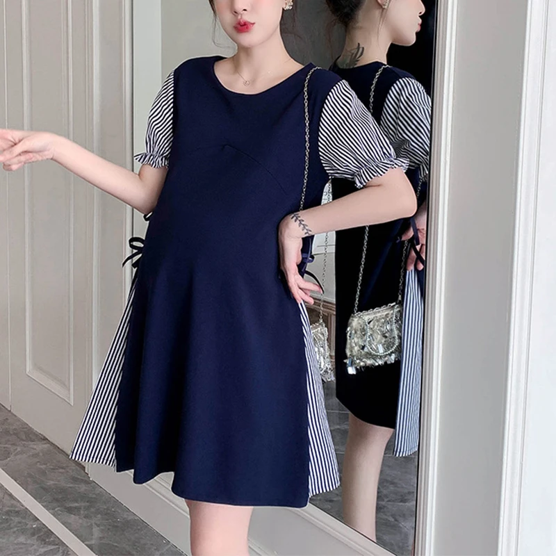 

Maternity Dress Summer Korean Fashion V-Neck Clothes for Pregnant Women Stripe Short sleeve Pregnancy Dress