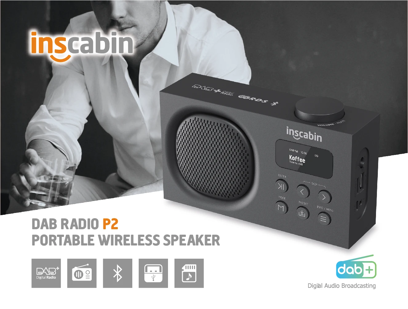 Inscabin P2 Portable DAB/DAB+ FM Digital Radio/Wireless Speaker with Bluetooth/Dual Alarm Clock/TF/USB