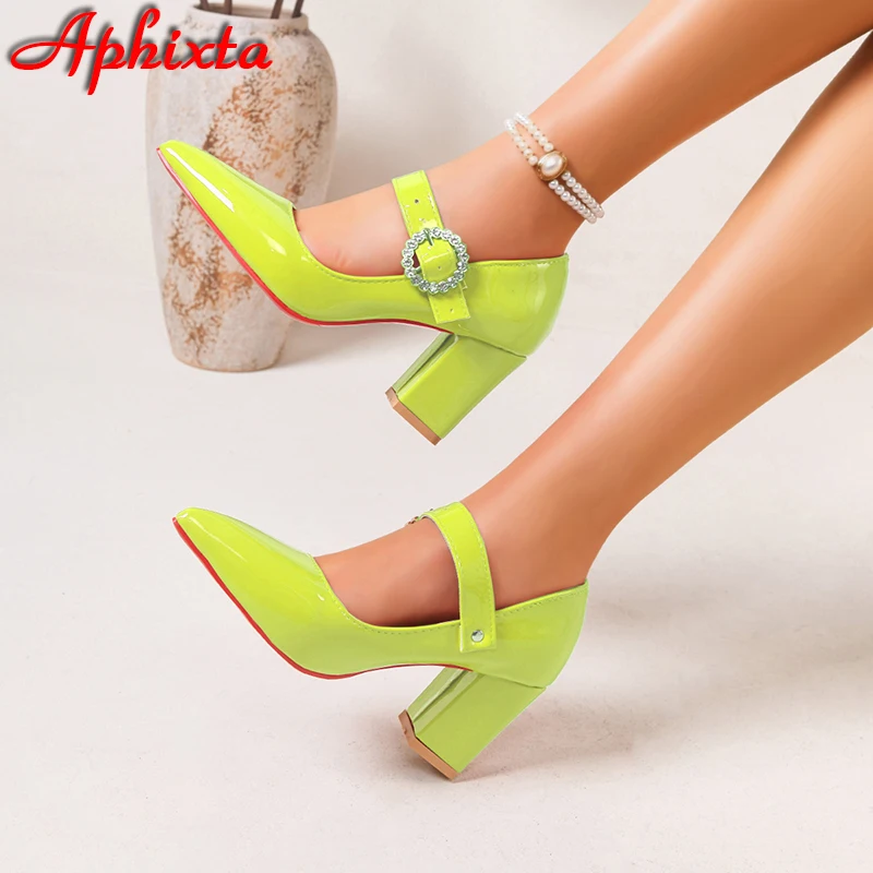 Zapatos de Tacón Alto con Cristales Delanteros y Hebilla Fluorescente para Mujer, Zapatos de Tacón Cuadrado de 7 cm con Punta Puntiaguda y Diamantes, Tallas Grandes 51 52 53