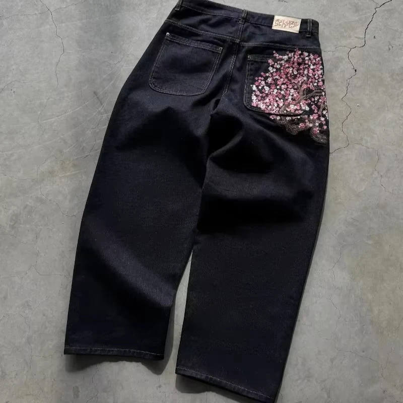 

Y2K Baggy Wide Leg Jeans Cherry Blossom Selvedge Embroidery Denim Pants Unisex American Hiphop Streetwear Style