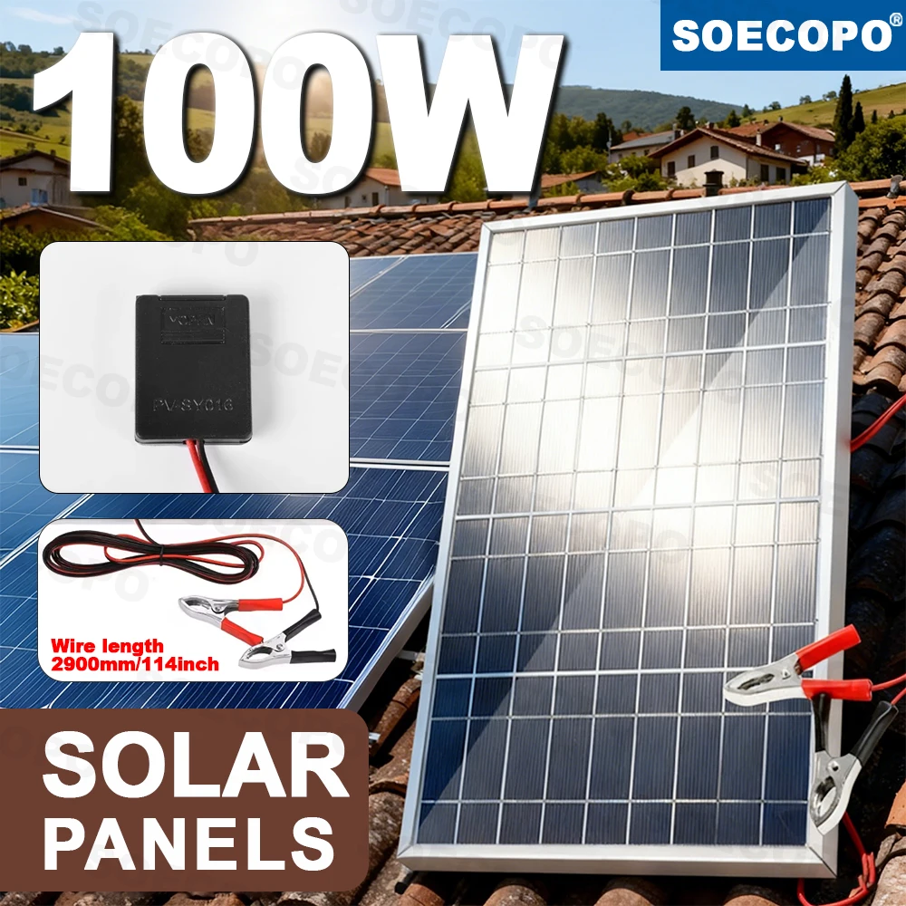 

SOECOPO 100W Portable Glass Solar Panel 18V Photovoltaic Generator for Home Camping Balcony Long Term Installation Outdoors
