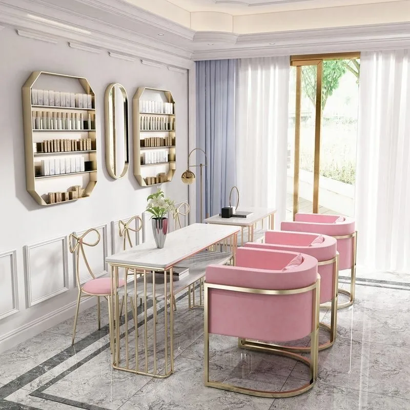Modern Luxury Pink Nail Salon Nail Table Set Metal Long Tables Vanity Makeup Marble Manicure Furniture Set Nail Table
