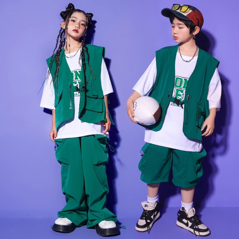 

Kids Hip Hop Clothing Grahphic T Shirt Sleeveless Jacket Green Cargo Pants For Girls Boys Jazz Showing Dance Costume Clothes