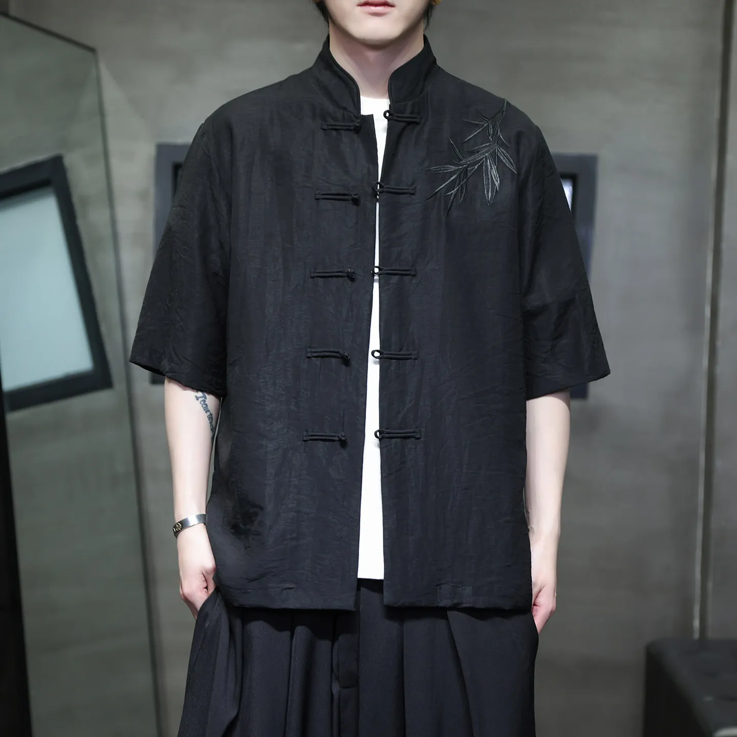 Embroidered Shirts Men's Fashion Streetwear Harajuku Shirts Mens Kung Fu Tai Chi Casual Retro Tang Suit Short Sleeves Shirts Men