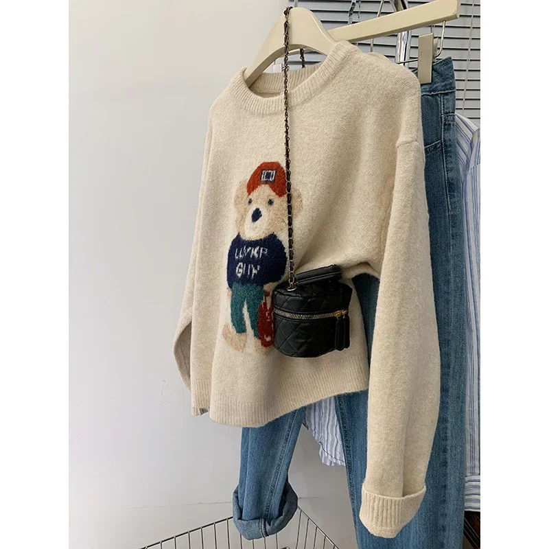 Sweet Vintage Knitting Long Sleeve Casual Pullovers Women's 2024 Autumn Winter Fashion Round Neck Bear Appliques Loose Sweater