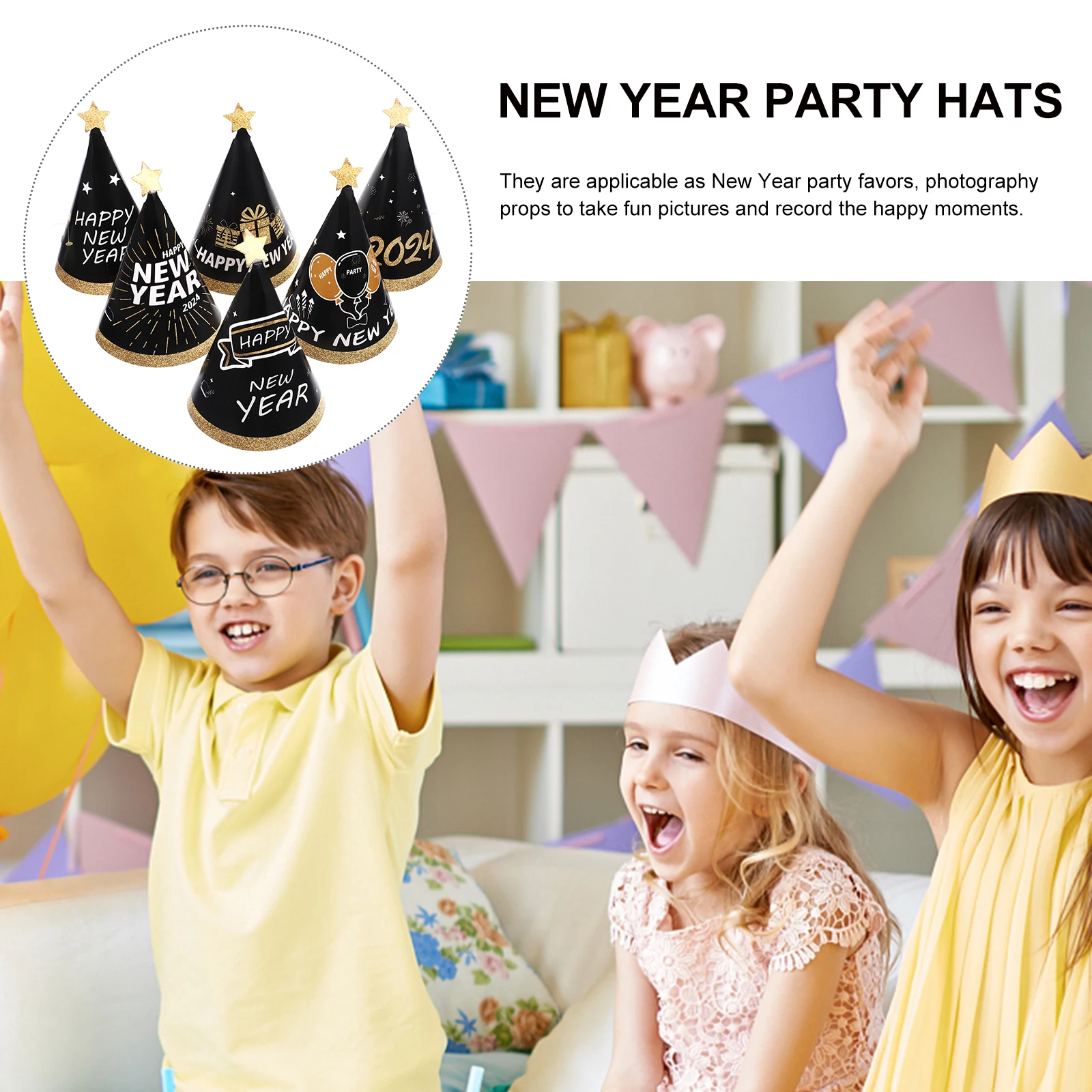 

12Pcs Happy New Year Paper Hats 2024 Black Gold Design Party Favors Photography Props Adults One Size Fits Most