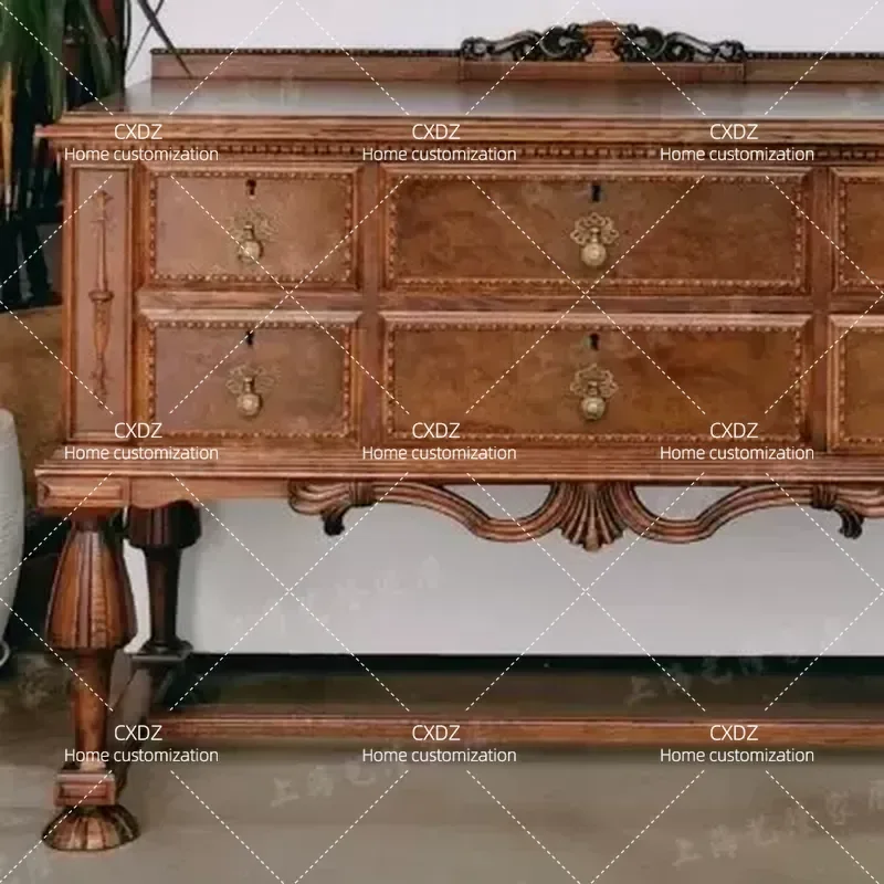 Solid Wood Carved Retro Entrance Cabinet Neoclassical High End Storage Locker for Living Room Dining Room Sideboard