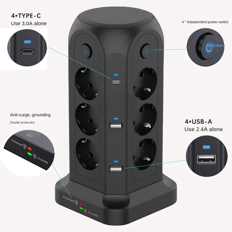 Multifunctional Power Plug EU Three-layer Tower Socket with 2 TYPE-C 2m Extension Cable Tower USB Socket Home Office Sub-control