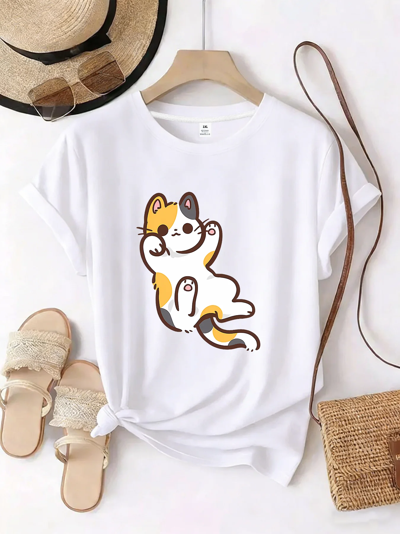 

【WZM10633】Cute kitten print plus size women's round neck T-shirt summer casual short sleeved top street fashion versatile