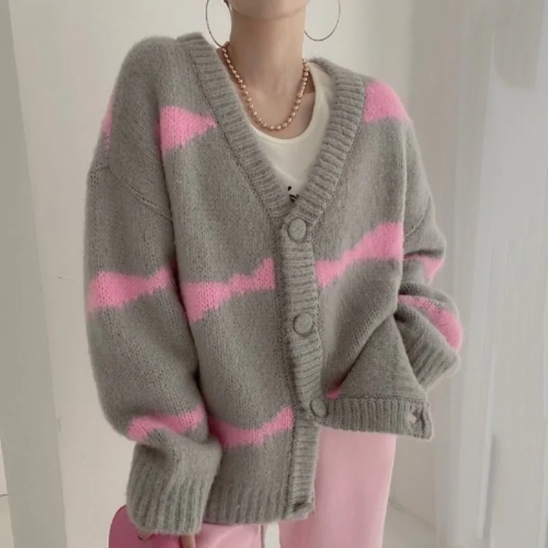 Fashion Autumn Women Striped Cardigan Sweater Color Blocked V-neck Knitted Top Winter Loose Elegant Casual Long Sleeve Knitwear