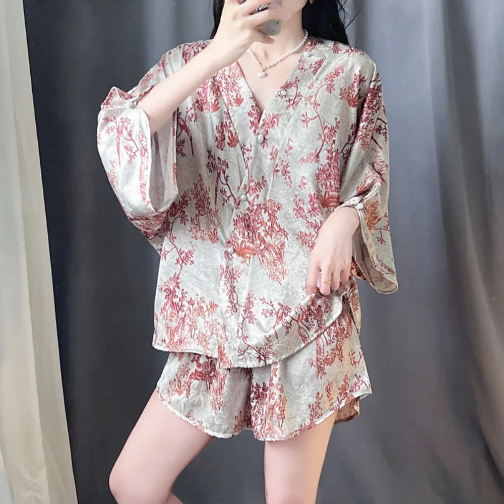 Retro Floral Home Suit For Women Nightwear Nighty Summer Soft Two-Piece Sleepwear Women's Pajamas with Pants Pyjama Set Pijama