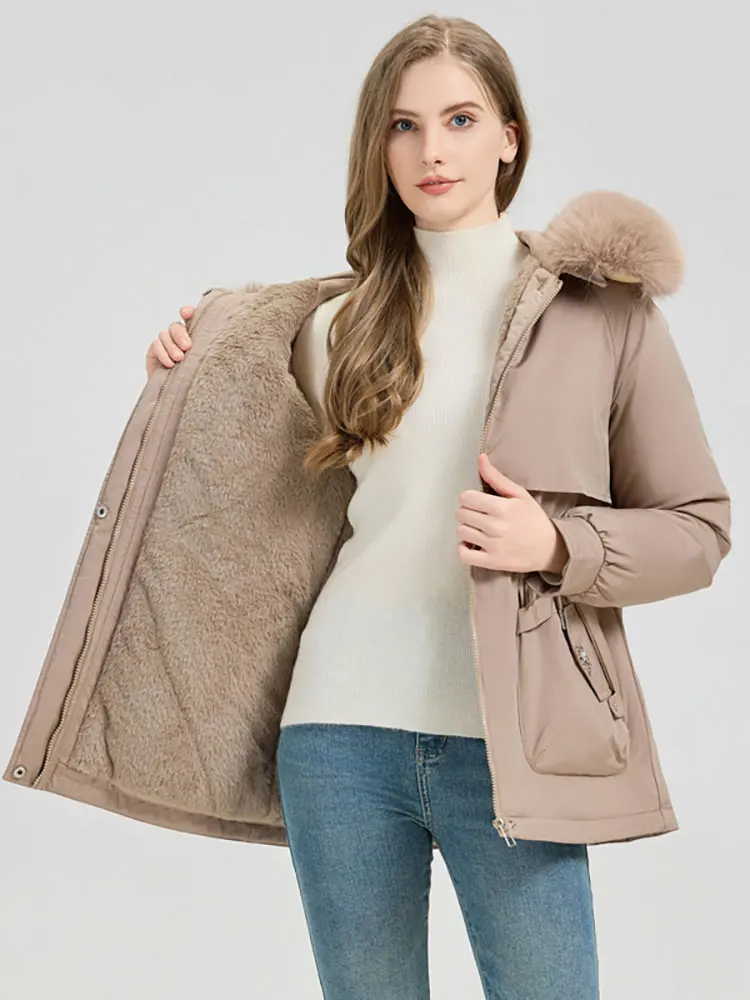 Vielleicht Nuova giacca invernale da donna spessa Parka Piumino in cotone Cappotto lungo casual Fodera in lana Parka caldo con cappuccio Capispalla