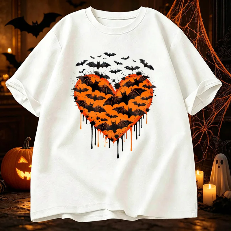 Men O Neck Short Sleeve T Shirt Halloween Heart Shape Bat Dripping Ink Graphic Print Summer Soft Loose Casual Tee Tops For Guys