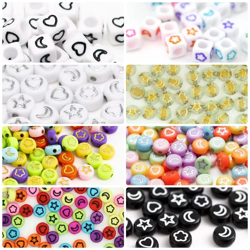 100/200/300/500PCS Mixed Acryl Mond Sterne Blume Herz Perlen Flache Runde Spacer Perlen für Schmuck Machen Diy Armband Halskette