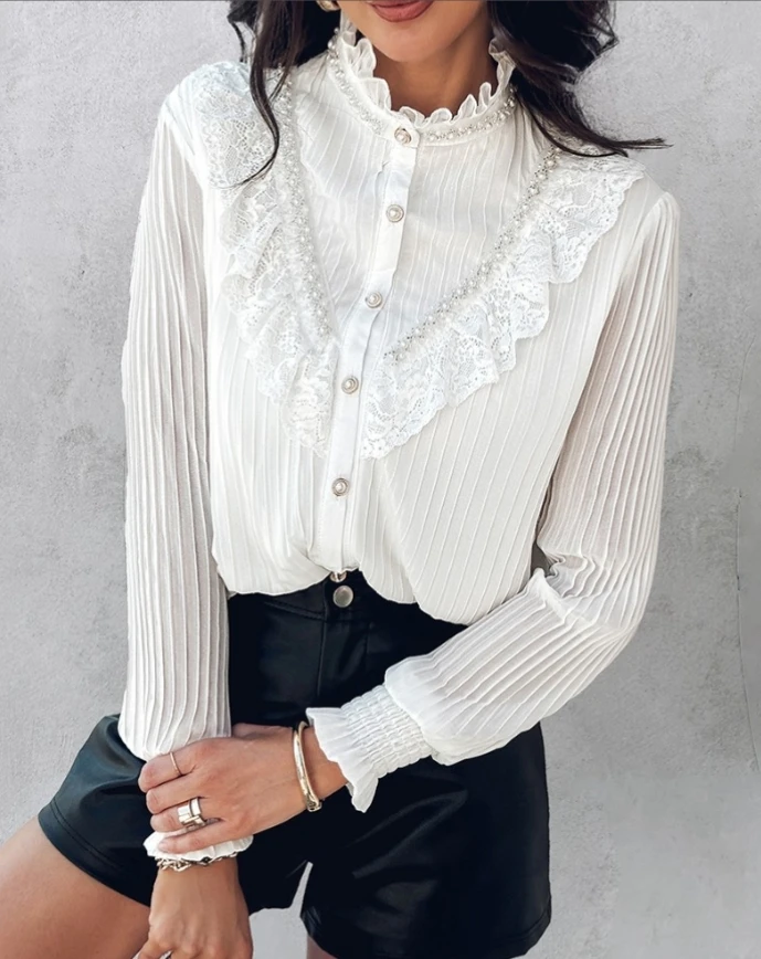 

Top stand collar lantern sleeves beaded lace ruffled shirt