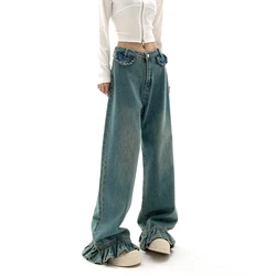 104-110cm Full Length Spring Autumn Women Original Design Sweet Cool High Waist Loose Denim Pants Jeans Wide Leg Pants Trousers