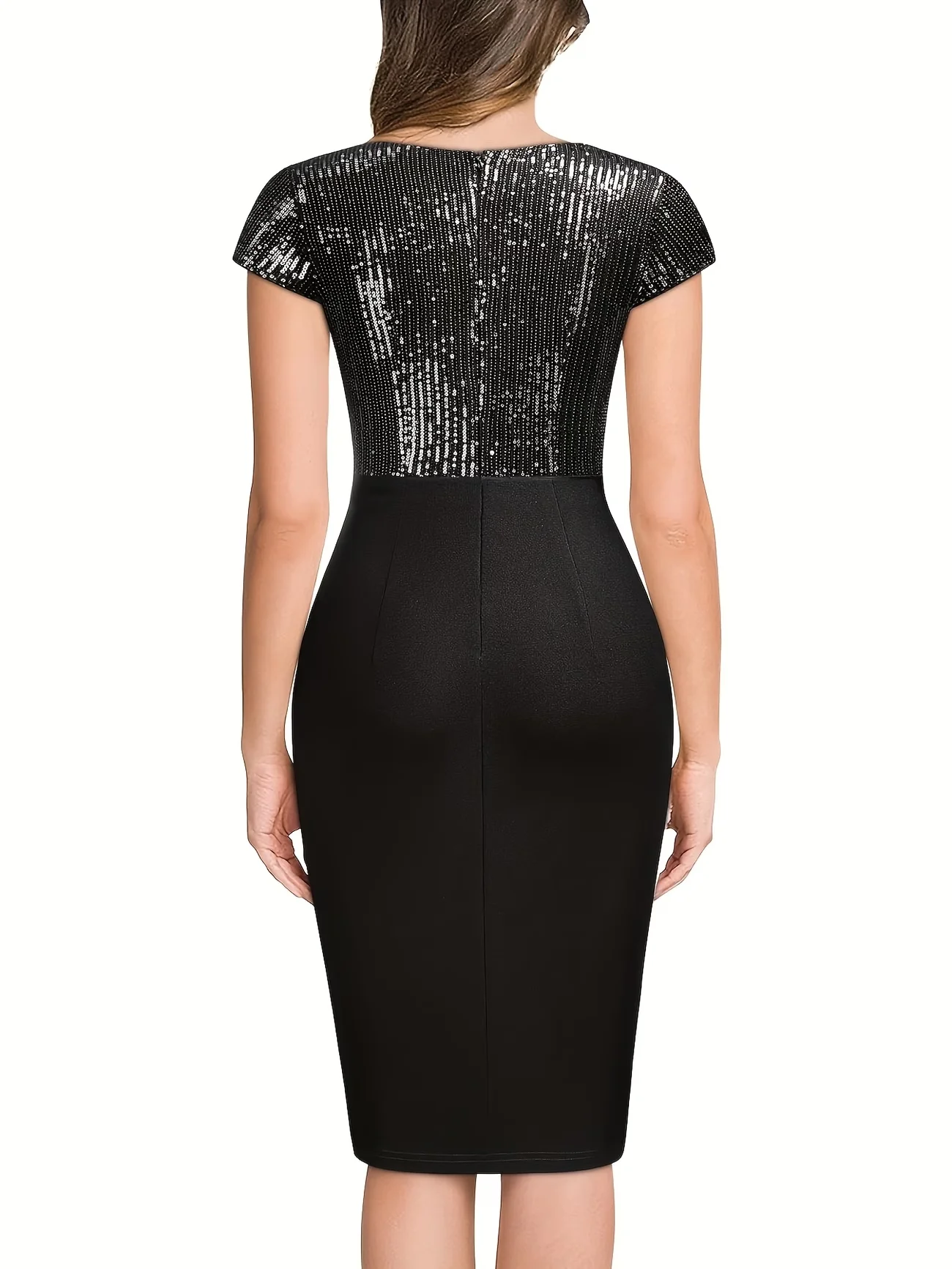 Damen Sommer Sexy V-Ausschnitt Kurzarm Knielanges Kleid mit Paillettenbesatz Nachtclub Cocktail Party Schlitz Bleistiftkleid – Detail 6