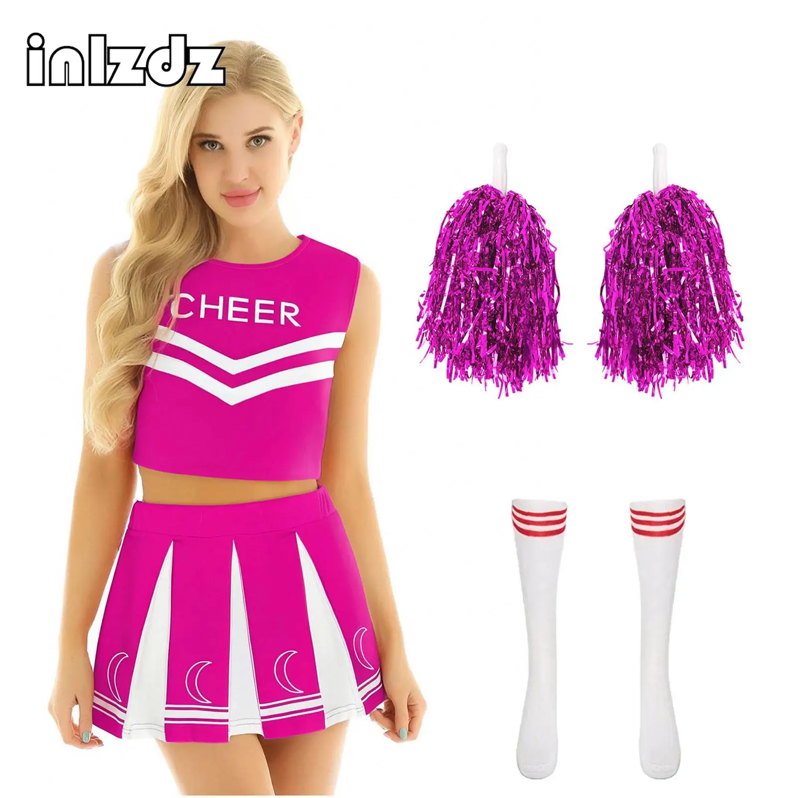 

Womens Cheerleading Uniforms Sleeveless Letter Print Crop Top Pleated Skirt Socks and 2Pcs Hand-held Hand Flowers Outfits