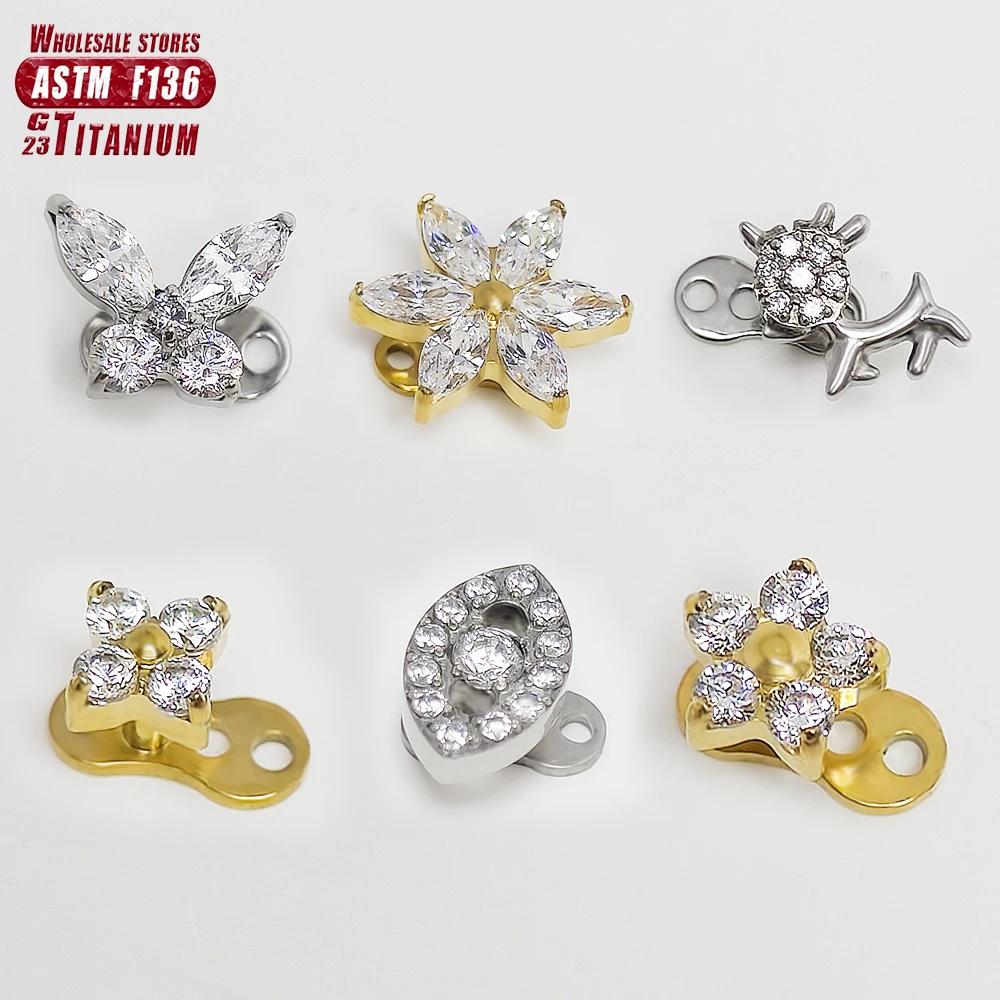 F136 Titanium Piercing Microdermals Butterfly 16G Hinged Zircon Dermal Anchor Internal Thread Piercing Skin Diver Body Jewelry