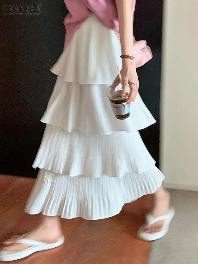 

ZANZEA Elegant Maxi Skirts Women Summer Pleated Cake Skirt 2025 Fashion High Waist Solid Color Ruffled Casual Loose Long Bottoms