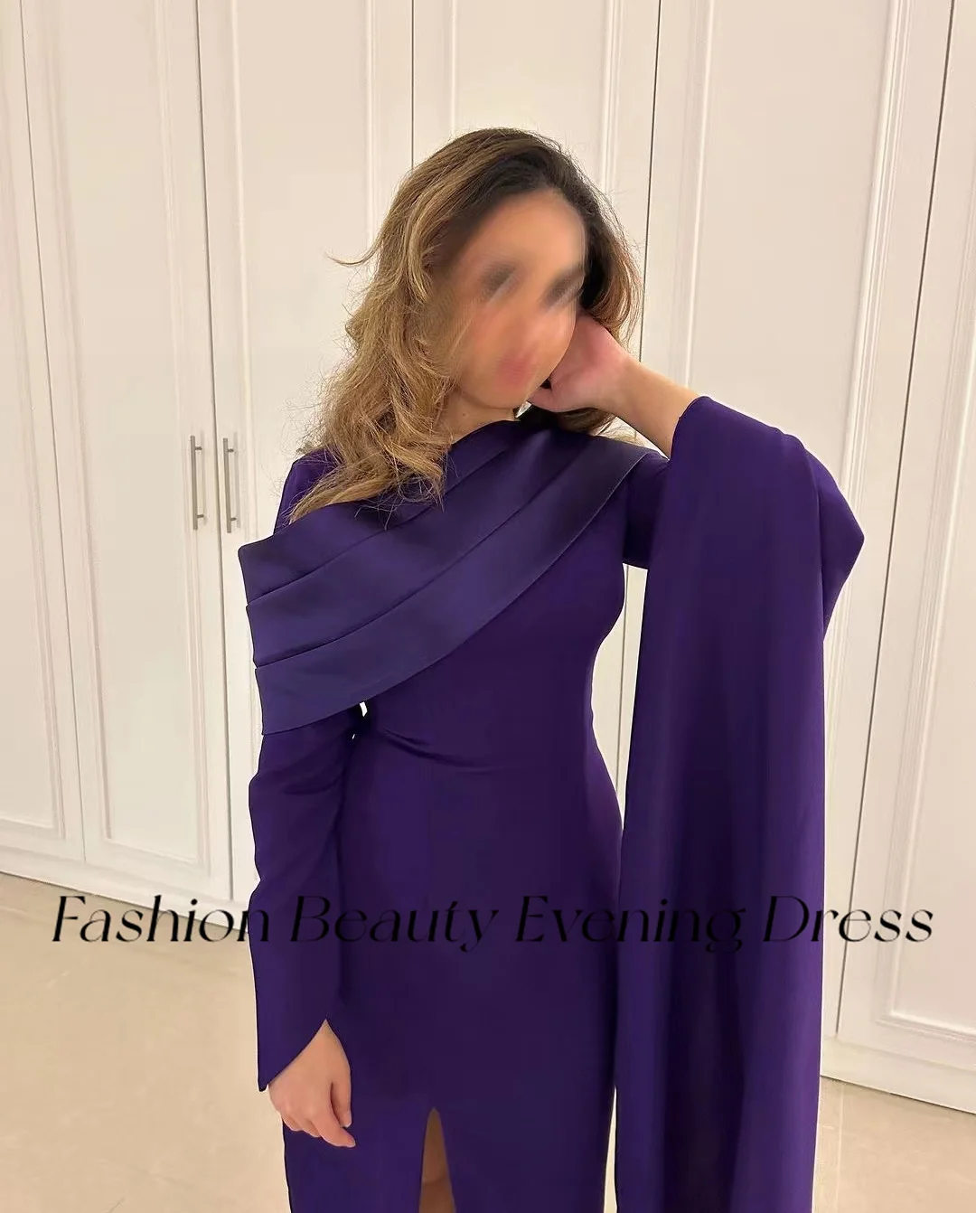 Fashion Beauty Saudi Purple Prom Dresses O Neck Pleated Long Sleeves Party Occasion Dress For Women 2024 vestidos فساتين السهرة