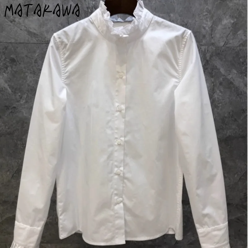

Matakawa Ruffles Blouses Solid White Spring Autumn Stand Collar Elegant Women Shirts Korean Fashion Sweet Retro Ropa Mujer