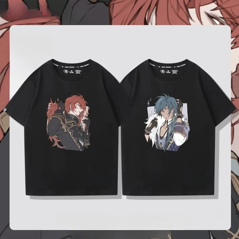 Genshin Impact Anime T-shirt Women Men Tartaglia Diluc Zhongli Kaeya Alberich Cosplay 100% Cotton Short Sleeve Graphic Tees