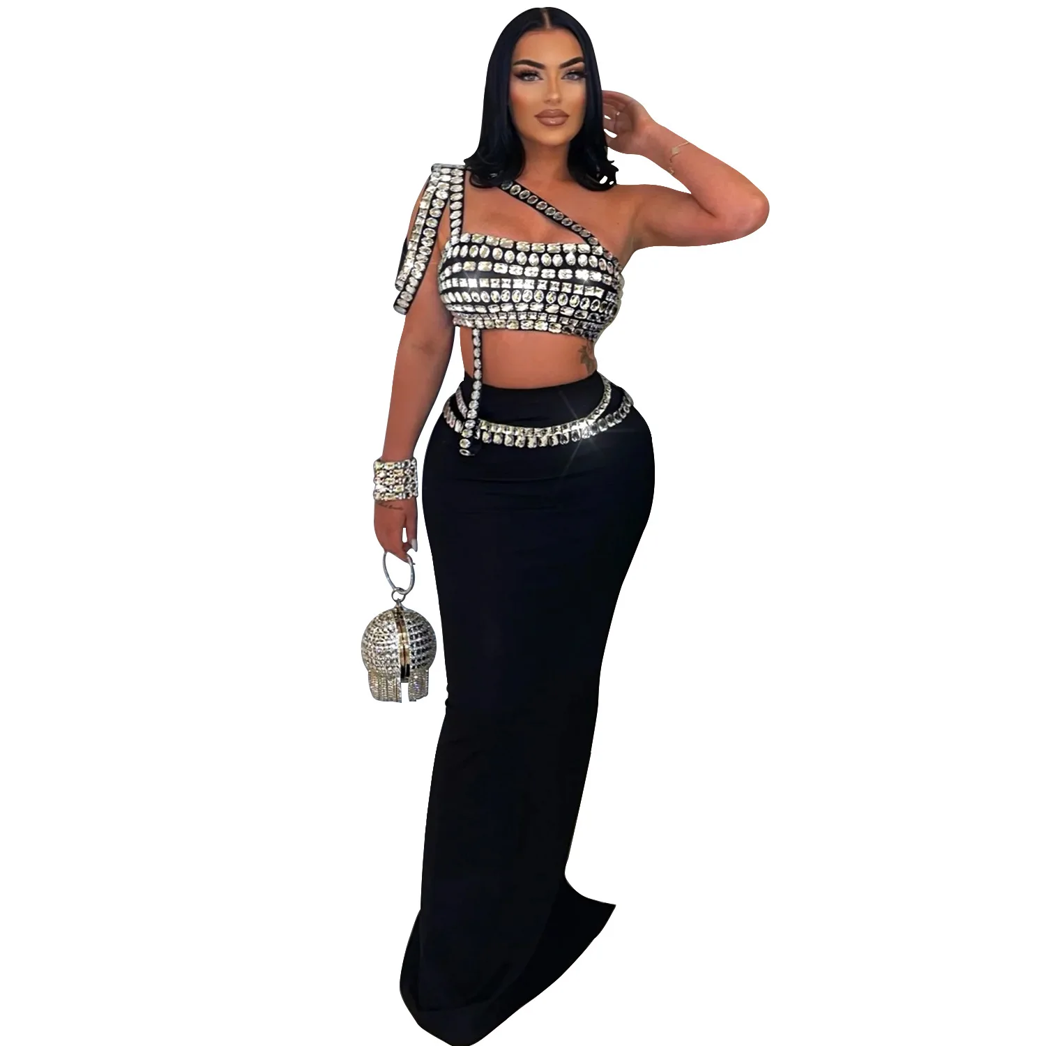 Roupa elegante de dança do ventre adulta feminina personalizada com suspensório sexy meia saia de diamante brilhante