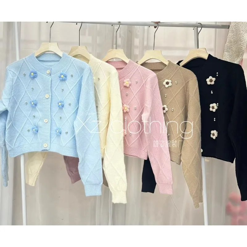 Autumn Winter Heavy Industry Beads Hand-embroidered Single-breasted Soft Waxy Knitted Cardigan Retro Mori Sweet Sweater Women