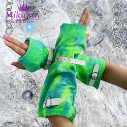 Mikumn Japanese Harajuku Green Fingerless Long Gloves Y2k Grunge Women Adjustable Leather Buckle Half Finger Gloves Streetwear