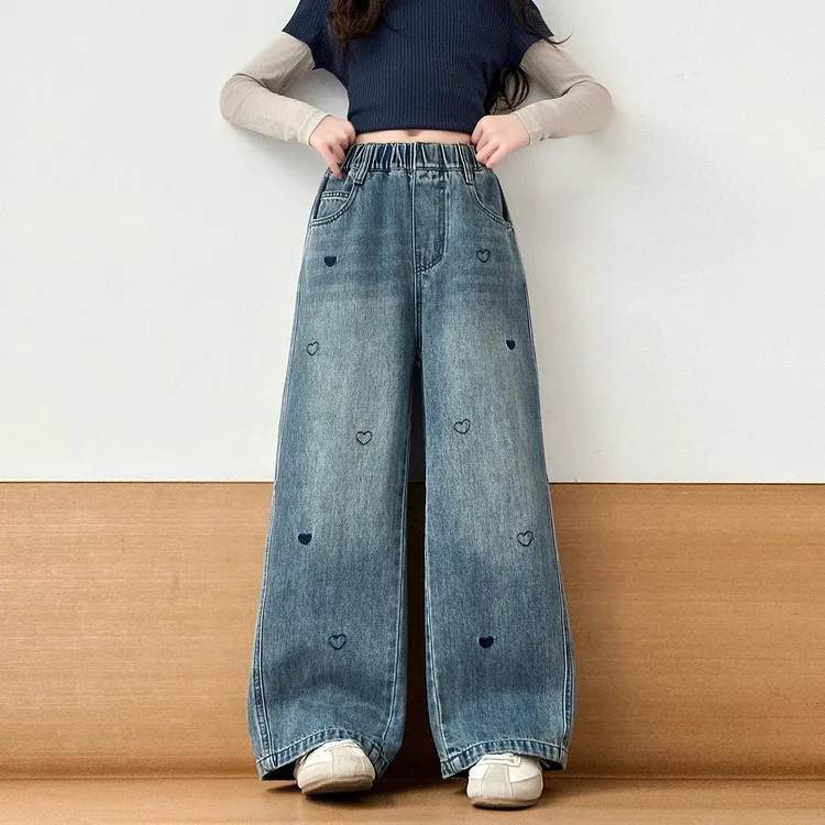 Teen Girls Jeans Love Embroidery Tween Kids Trousers Autumn New Girl Denim Wide Leg Pants 4-14 Years Children Clothes