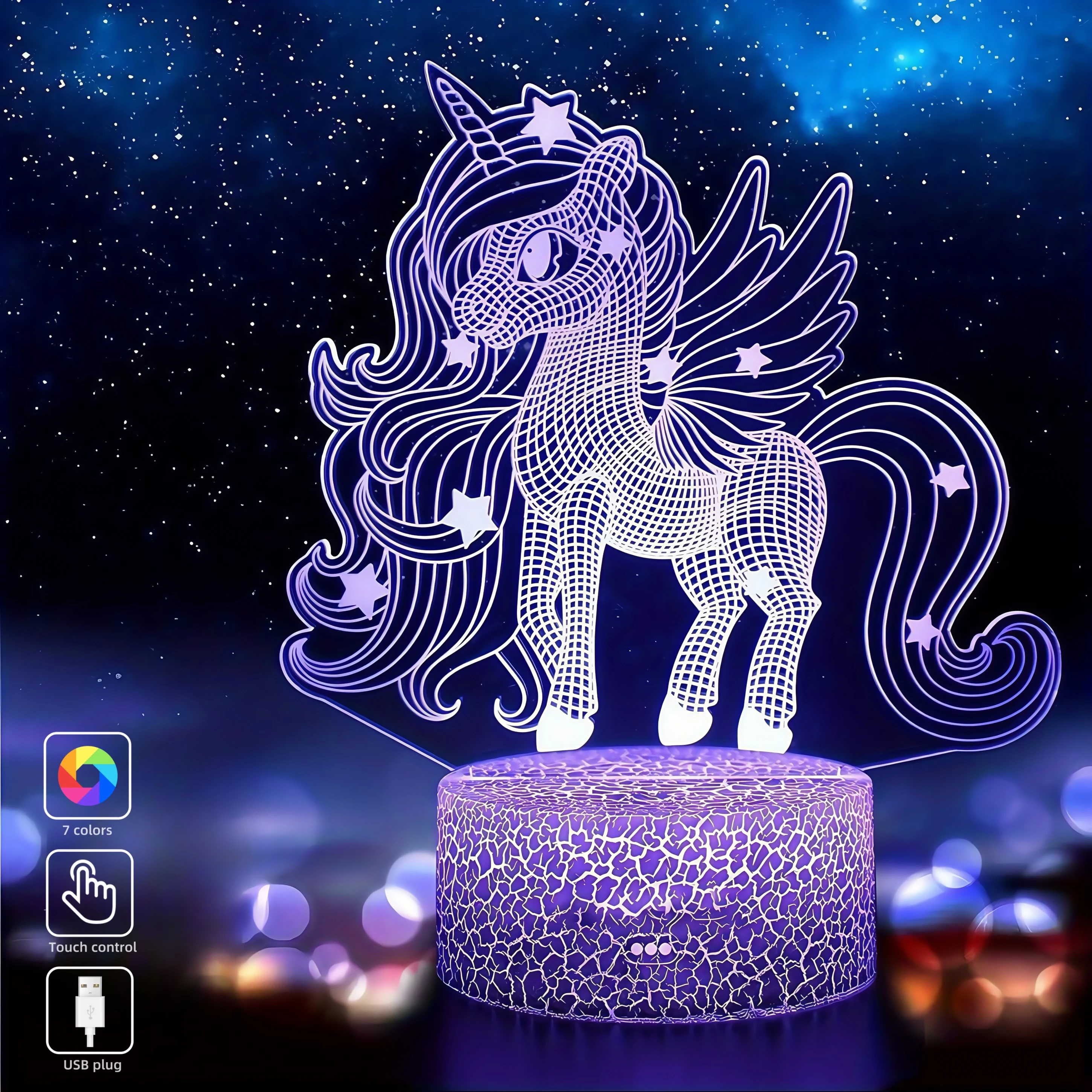 1pcs unicorn pattern 3D atmosphere night light, USB plug, Valentine's Day, birthday, holiday gift night light for friends.